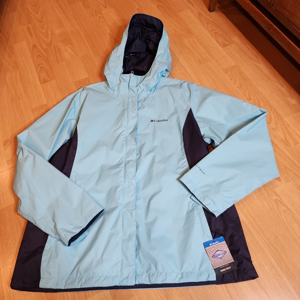 NWT Columbia Arcadia II Omni-Tech Blue Hooded Zip Jacket XXL Waterproof Packable